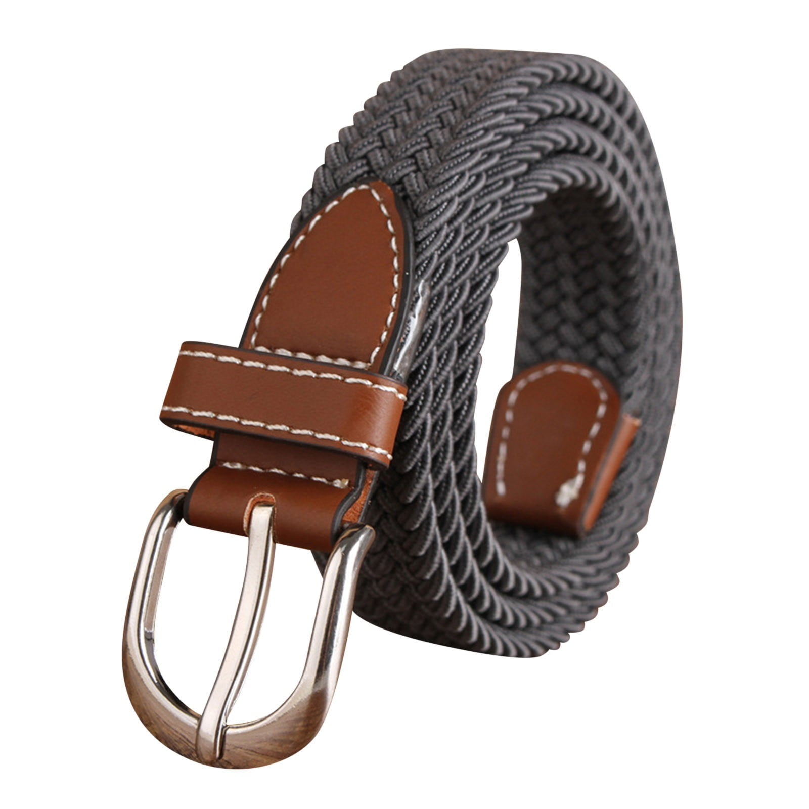 Stretch Elastic Belt Pin Oval Satin Buckle PU Leather Loop End Tip Belt