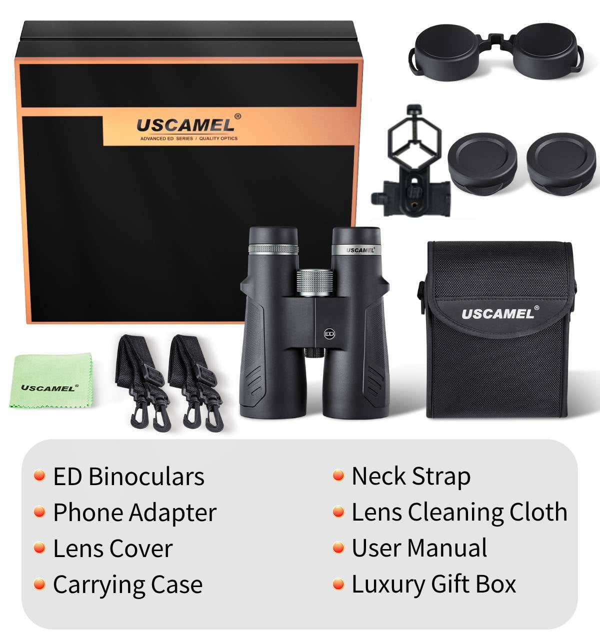 USCAMEL 12x50 ED Binoculars for Adults, Pro Binoculars Roof BAK4 Prism FMC ED Glass Waterproof Fog-proof, w/Gift Box, Binoculars for Bird Watching, Hunting, Black