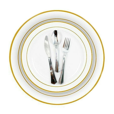 Gold Rim Bulk Dinner Wedding Disposable Plastic Plates Silverware Gold Rim Bulk Dinner Wedding Disposable Plastic Plates Silverware Party