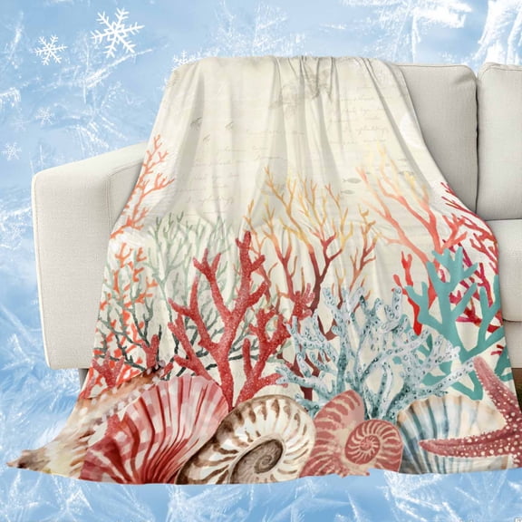 Red Coral Coastal Cooling Blanket,Lightweight Summer Throw Blanket with Double Sided Cold Effect,Summer Beach Ocean Shells Starfish Turtle Picnic Blankets Bed Sheet for Hot Sleepers 50"x60"