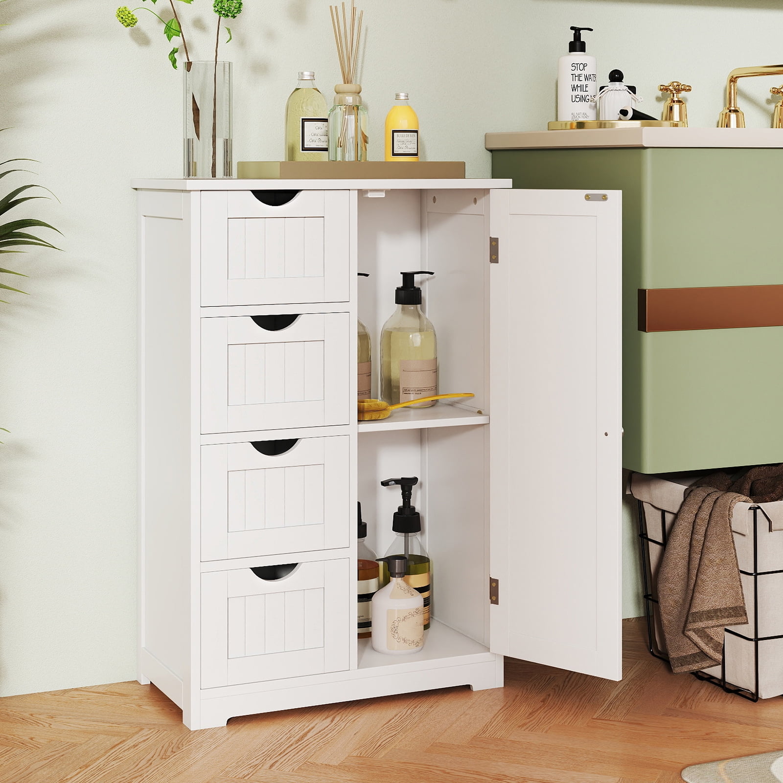 Gymax Bathroom Floor Storage Cabinet Wooden Freestanding Bathroom Storage Unit w/ 1 Door & 4 Drawers