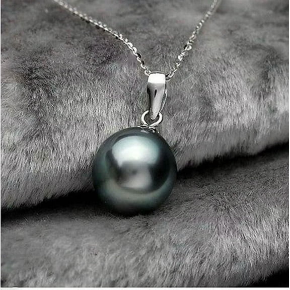 K-KED 14mm South Sea Black Shell Pearl Round Beads Pendant Silver Chain Necklace 17''