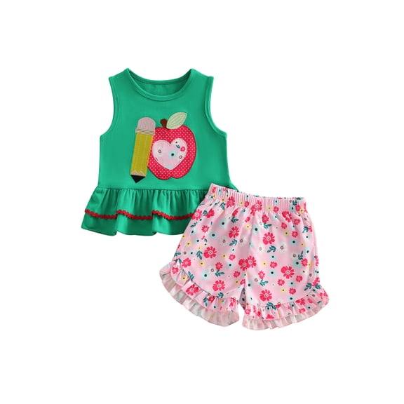 BemeyourBBs Toddler Baby Girls Back to School Outfit Summer Kindergarten Outfits Baby Girl First Day of School Outfit Cute Apple Pencil Embroidery Sleeveless Tunic Shirt Tops and Floral Shorts Set