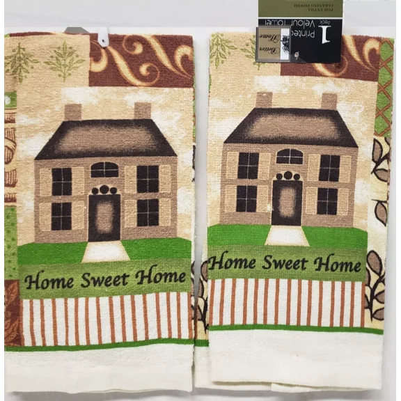 2 Same Printed Velour Kitchen Towels, Cotton (15"X25") Home Sweet Home,Green, Bh