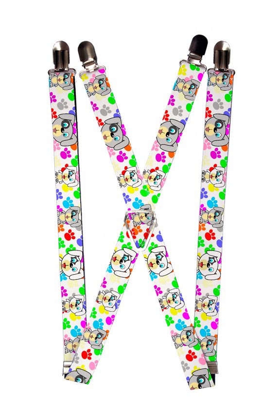 Cute Puppy Character Colorful Paw Prints All Over Suspenders
