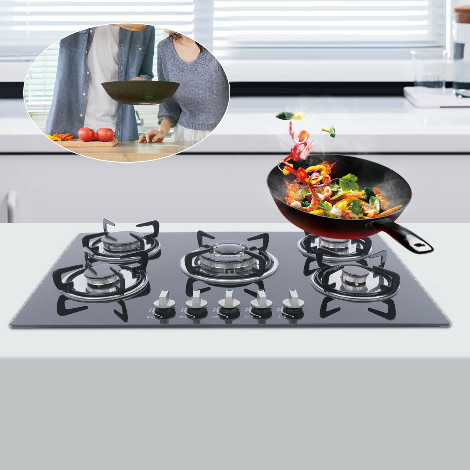 Mkyiongou 30" Black Cook Top Tempered Glass Built-in 5 Burner Stove LPG/NG Gas Hob Cooktop