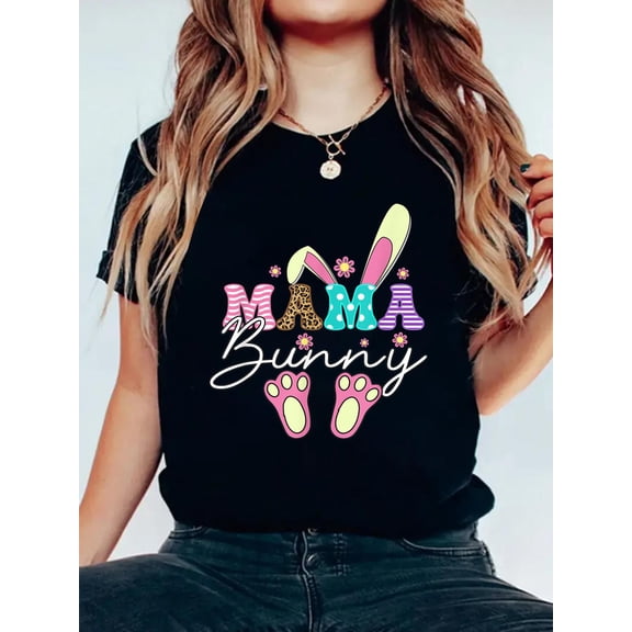 100% Cotton Happy Easter Day Easter Mother's Happy Easter Mama Bunny T-Shirt Print Round Neck Cotton T-Shirt, Summer Women's Tops, gift