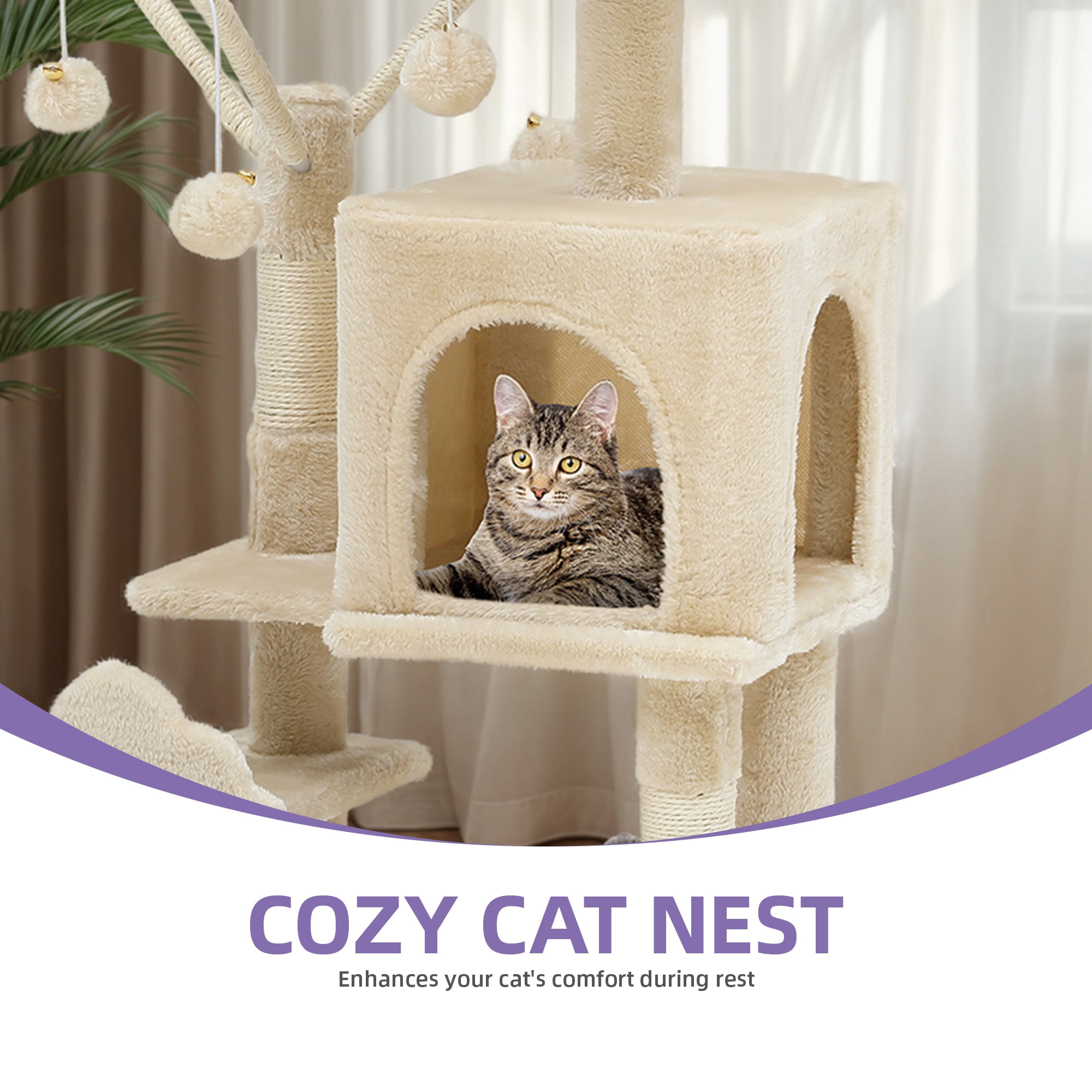 Uforic 44" Cat Tree Tower, with Scratch Posts, Condo, Hammock, Toys, Beige