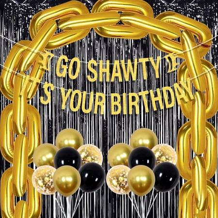Hip Hop Birthday Party Decorations, Funny Birthday Balloons Decorations Black Gold, Go Shawty Its Your Birthday Banner Glitter Gold Balloon Chain Black Fringe Curtain for Rap Theme 80s 90s Bday