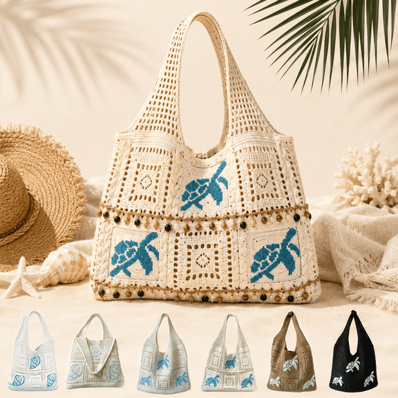 Sightor Crochet Tote Bag, Large Capacity Summer Beach Tote for Women, Lightweight Foldable Knit Bag with Shell Design, Casual Travel Shopping Handbag