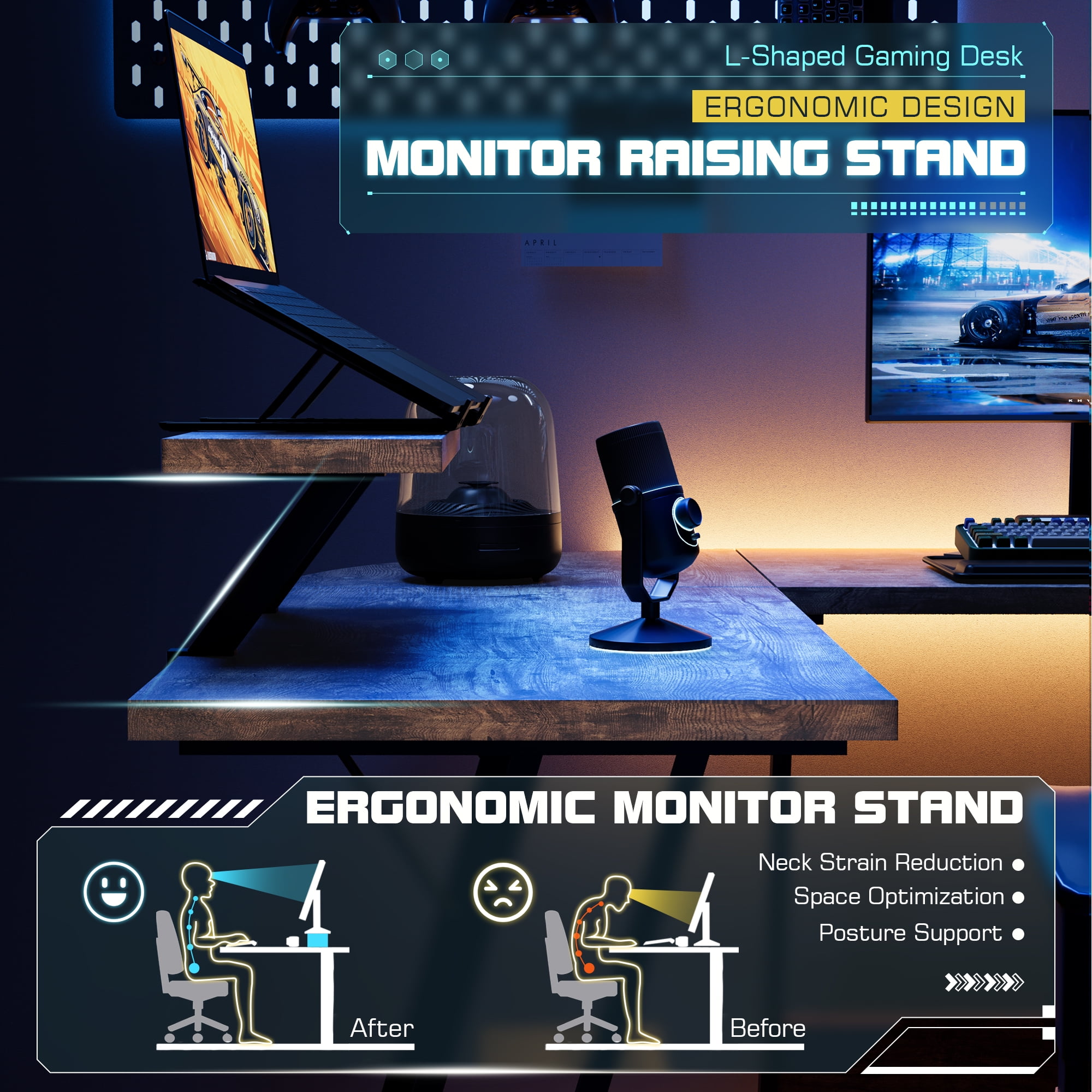 Homall L-Shaped Gaming Desk 51.2 Inches Corner Office Gaming Desk with Removable Monitor Riser, Classical Brown