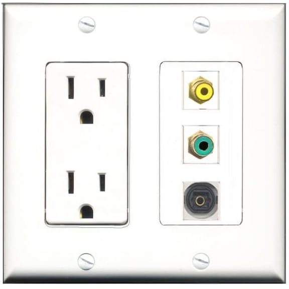 RiteAV - 15 Amp Power Outlet 1 Port RCA Yellow 1 Port RCA Green 1 Port Toslink Decorative Wall Plate