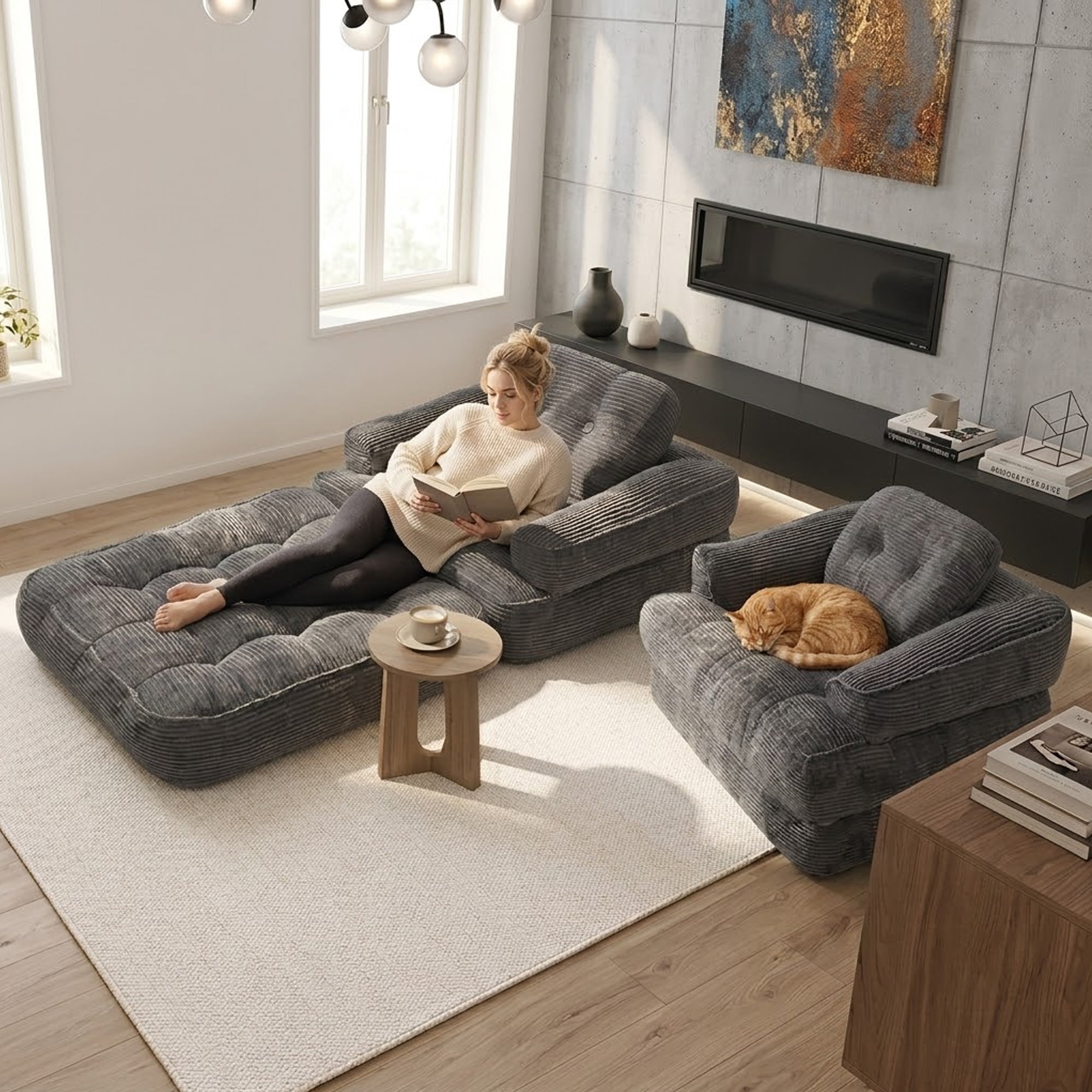 Leumius Folding Sofa Bed, Convertible Sofa Bed with Armrest, Corduroy Boneless Foldable Bed, 2-in-1 Portable Sofa Bed with Pillows for Bedroom, Living Room, Homestay, Game Room Dark Gray