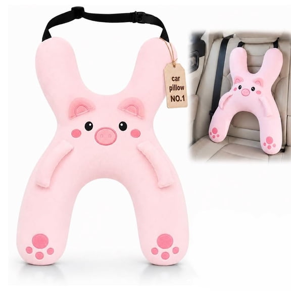 Car Travel Pillow, H-Shaped Neck Support Cushion for Kids Adults, Soft Sleeping Pillow with Adjustable Strap, Back Seat Road Trip Companion(Pink)