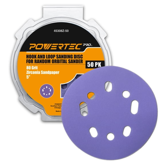 POWERTEC PRO 50PK, 5 Inch Sanding Discs Hook and Loop, 80 Grit, Zirconia Orbital Sander Sandpaper for 5 & 8 Hole Random Orbital Sanders - Automotive, Paint, Metal, Woodworking (45308Z-50)
