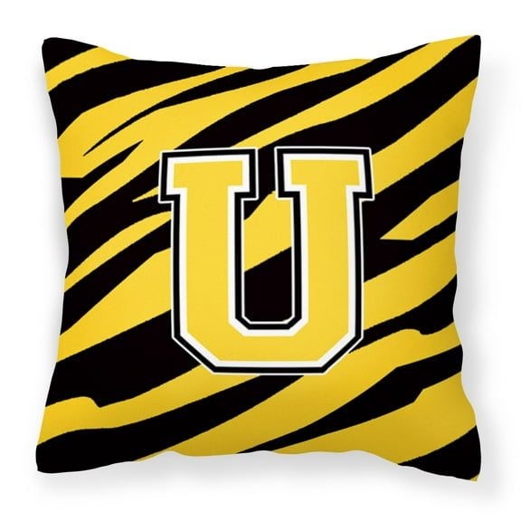 Letter U Initial Tiger Stripe - Black Gold  Fabric Decorative Pillow