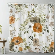 HVEST Watercolor Wildflower Shower Curtain for Bathroom,Orange Floral and Sage Green Leaf on Vintage Grey Wood Fabric Shower Curtain with Hooks,Fall Farmhouse Bathroom Curtain Shower Set, 69x70 inches