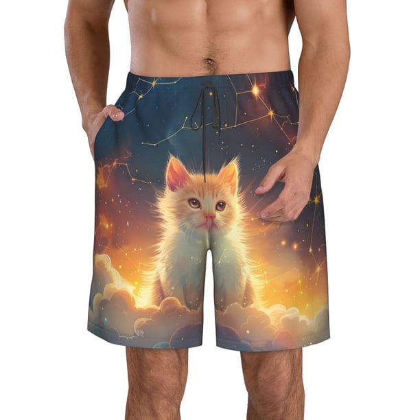 Fotbe Starry Sky Constellation Cat Trajes de Baño Estampados para Hombre, Shorts de Verano de Secado Rápido, Ropa de Playa, Bañadores-Large