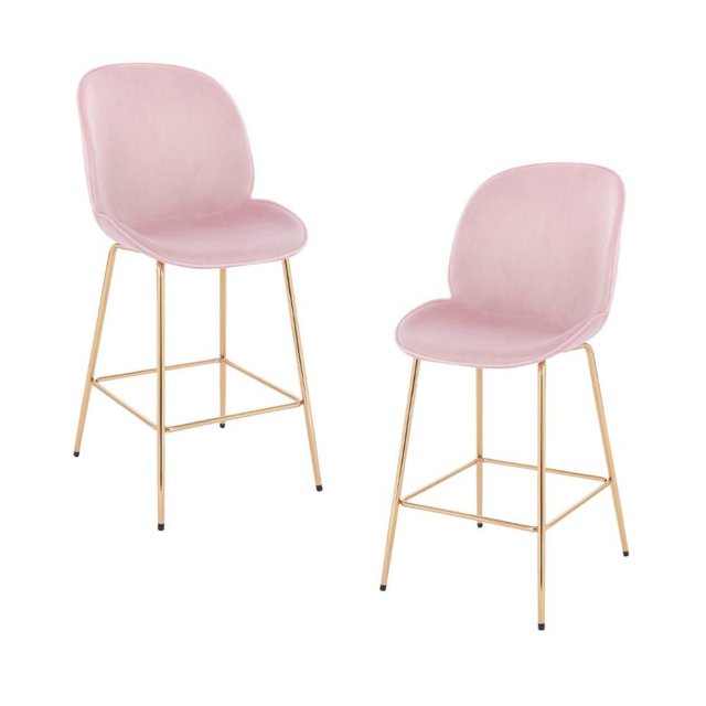 LOTUS GOLD STOOL (SLIM SEAT) Soft Velvet Upholstery Gold Metal Legs in Pink SET OF 2