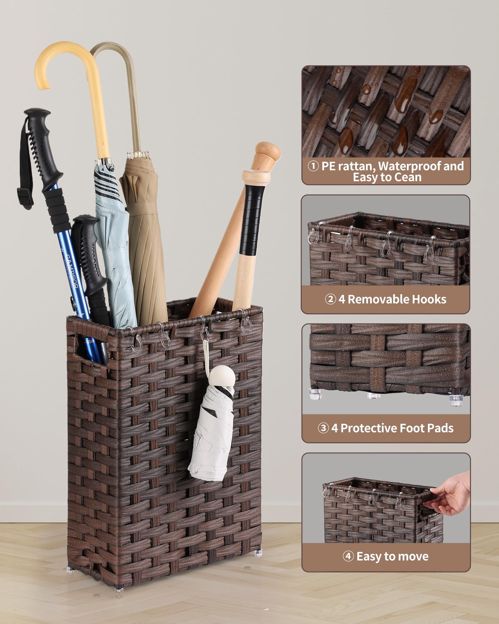 Rattan Umbrella Stand, Umbrella Holder for Entryway, Hand Woven Umbrella Rack Organizer Freestanding, with a Detachable Drip Tray, 4 Hooks, 11.8" L x 5.5" W x 16.5" H