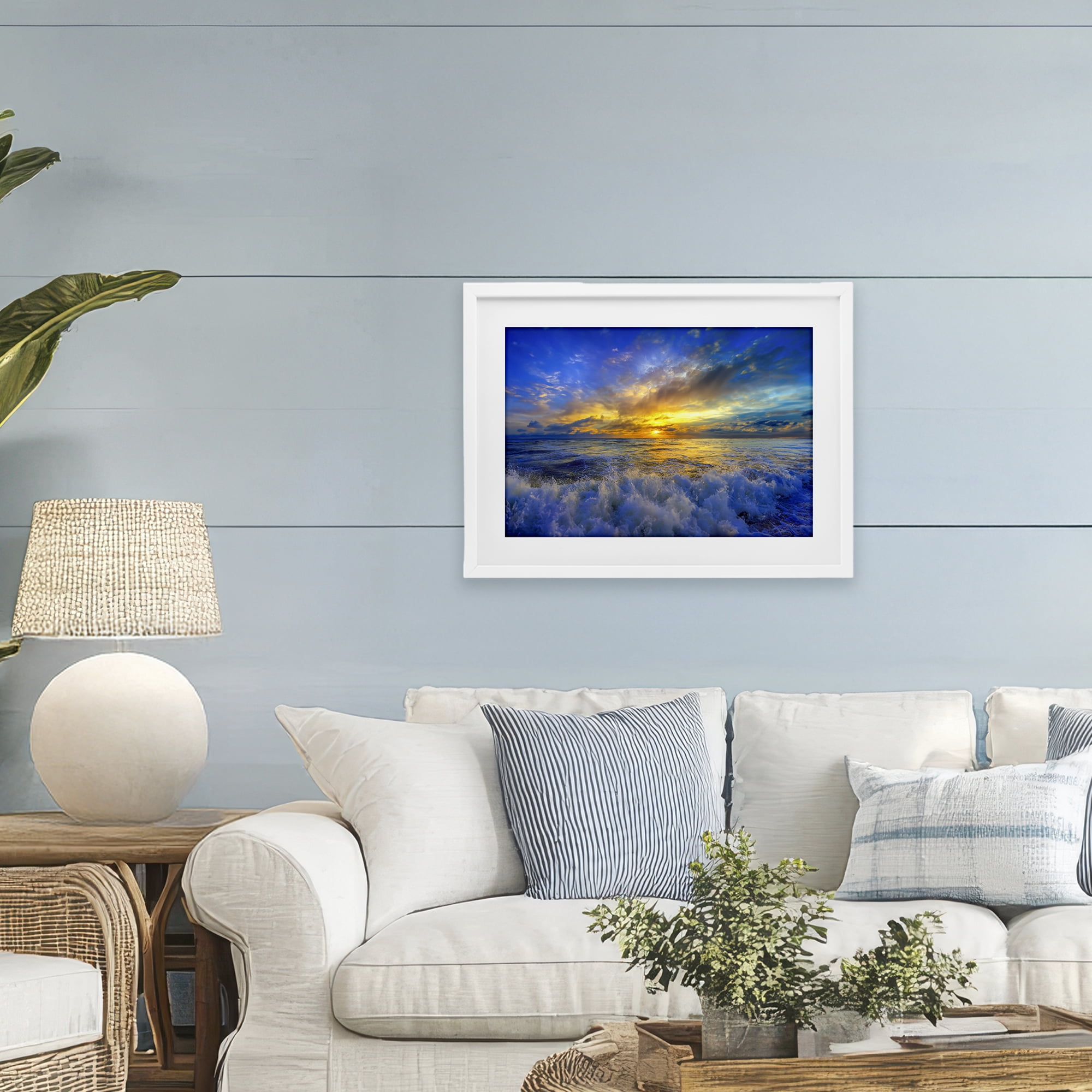 Stupell Industries Golden Blue Sunset over Waves White Framed Print Under Glass, design by Eszra Tanner