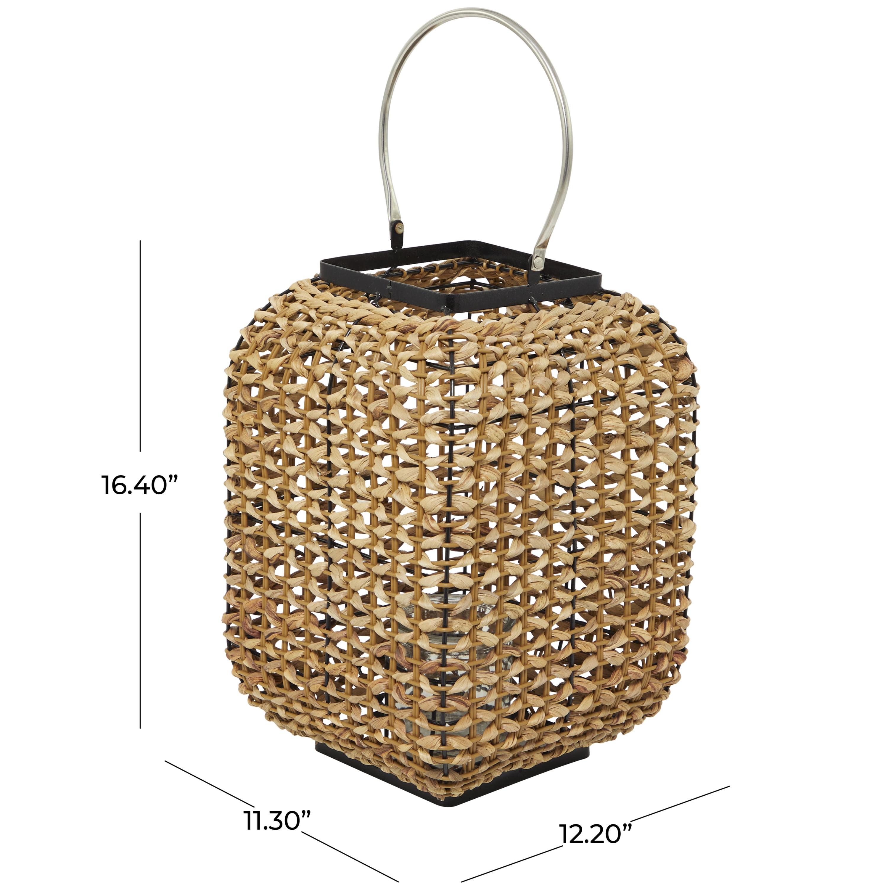 DecMode Brown Dried Plant Handmade Decorative Candle Lantern with Glass Holder and Handle