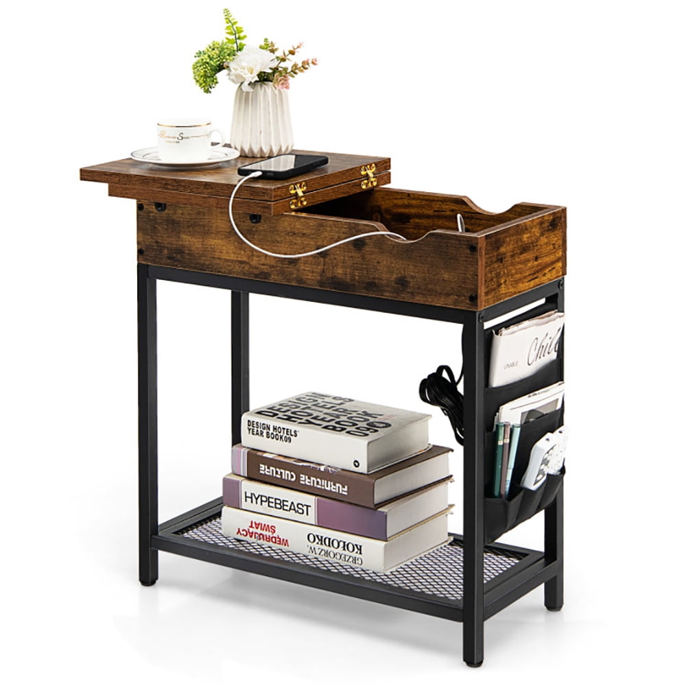Finihen End Side Table, Industrial End Table with Charging Station and Flip Top, Sofa Side Table, Bed Side Table, for Living Room, Bedroom, Rustic Brown Finihen End Side Table, Industrial End Table with Charging Station and Flip Top, Sofa Side Table, Bed Side Table, for Living Room, Bedroom, Rustic Brown