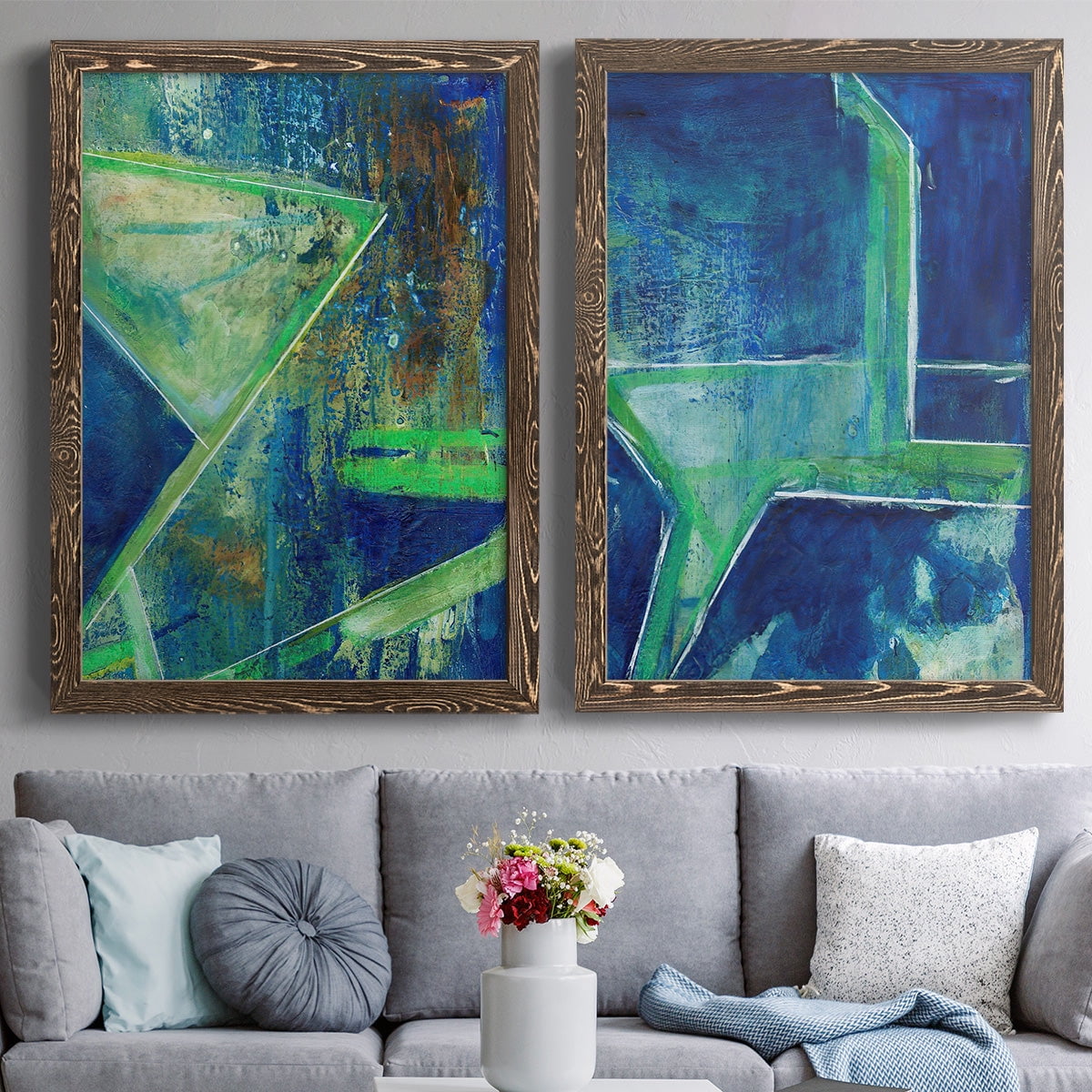 Geometric in Cool VII - Premium Framed Canvas 2 Piece Set - Ready to Hang