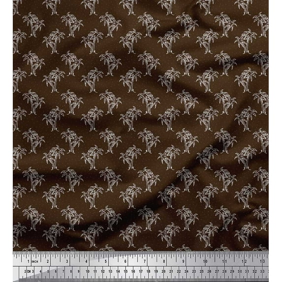 Soimoi Brown Poly Georgette Fabric Dots & Palm Tree Printed Fabric 1 Yard 42 Inch Wide