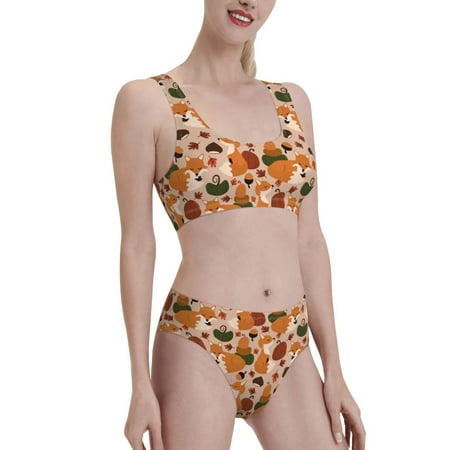 Uemuo Autumn Fox Pumpkin Lazy Printed Women s High Waisted Bikini Sets Sporty Two Piece Swimsuits Color Block Cheeky High Cut Bathing Suits-XX-Large