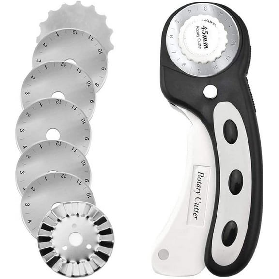 45mm Rotary Cutter with 7pcs Replacement Blades, Ergonomic Handle Rolling Cutter with Safety Lock for Fabric, Leather, paper, Crafting, sewing, Quilting, Perfect for Left & Right Hand(Black)