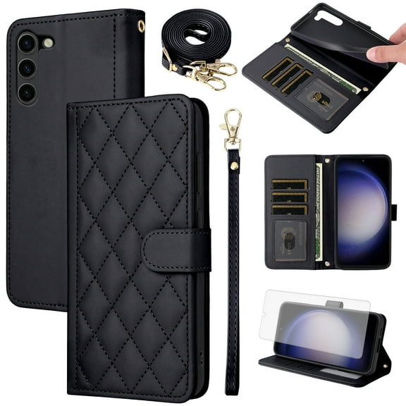 Furiet Argyle Wallet Case for Samsung Galaxy S23 5G with Tempered Glass Screen Protector Wrist/Shoulder Strap, Card Slots PU Leather Stand Phone Cover for S 23 23S GS23 G5 SM-S911U 6.1 inch Black