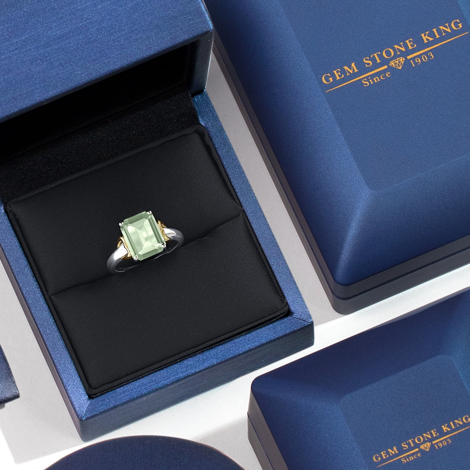 Gem Stone King 925 Silver and 10K Yellow Gold Green Prasiolite Solitaire Engagement Ring for Women | 2.90 Cttw | Octagon 10X8MM | Gemstone Birthstone | Size 5