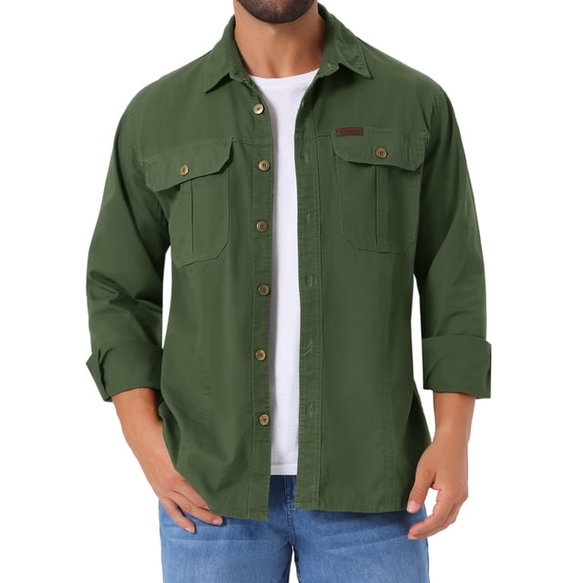 INSPIRAR CHIC Camisas de Trabajo Casual para Hombre de Manga Larga con Botones y Bolsillos para Pesca y Senderismo XL Verde Oliva