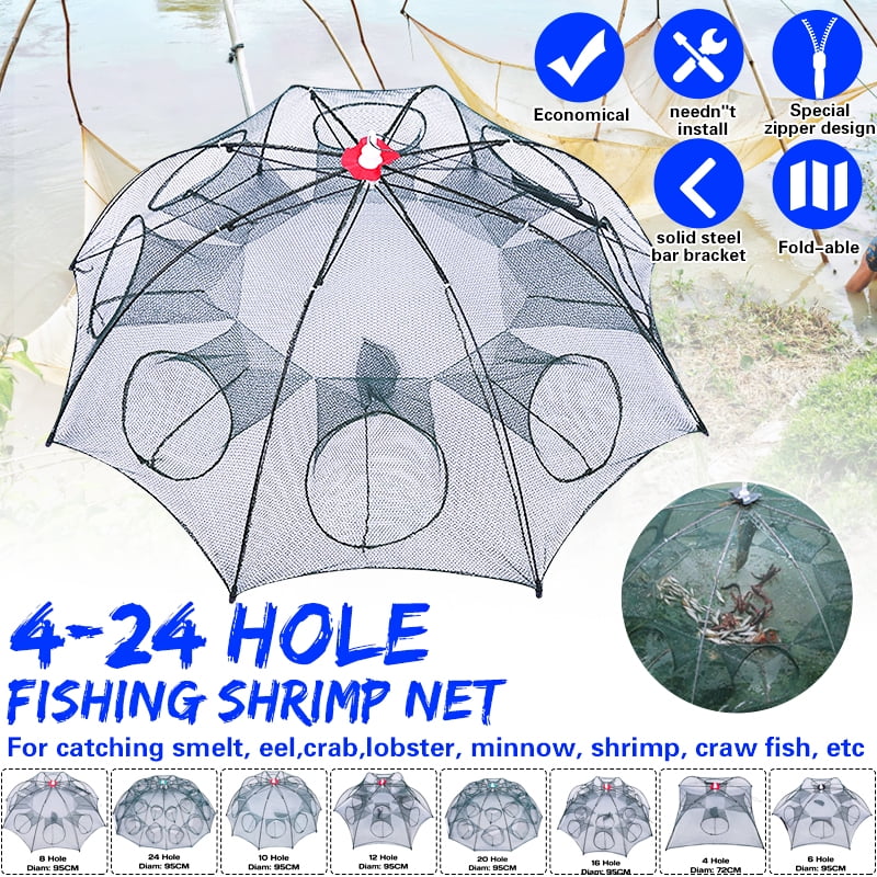 2Set Foldable Fishing Shrimp Fish Crab Yabbie Bait Trap Cast Dip Net Cage 4 Hole