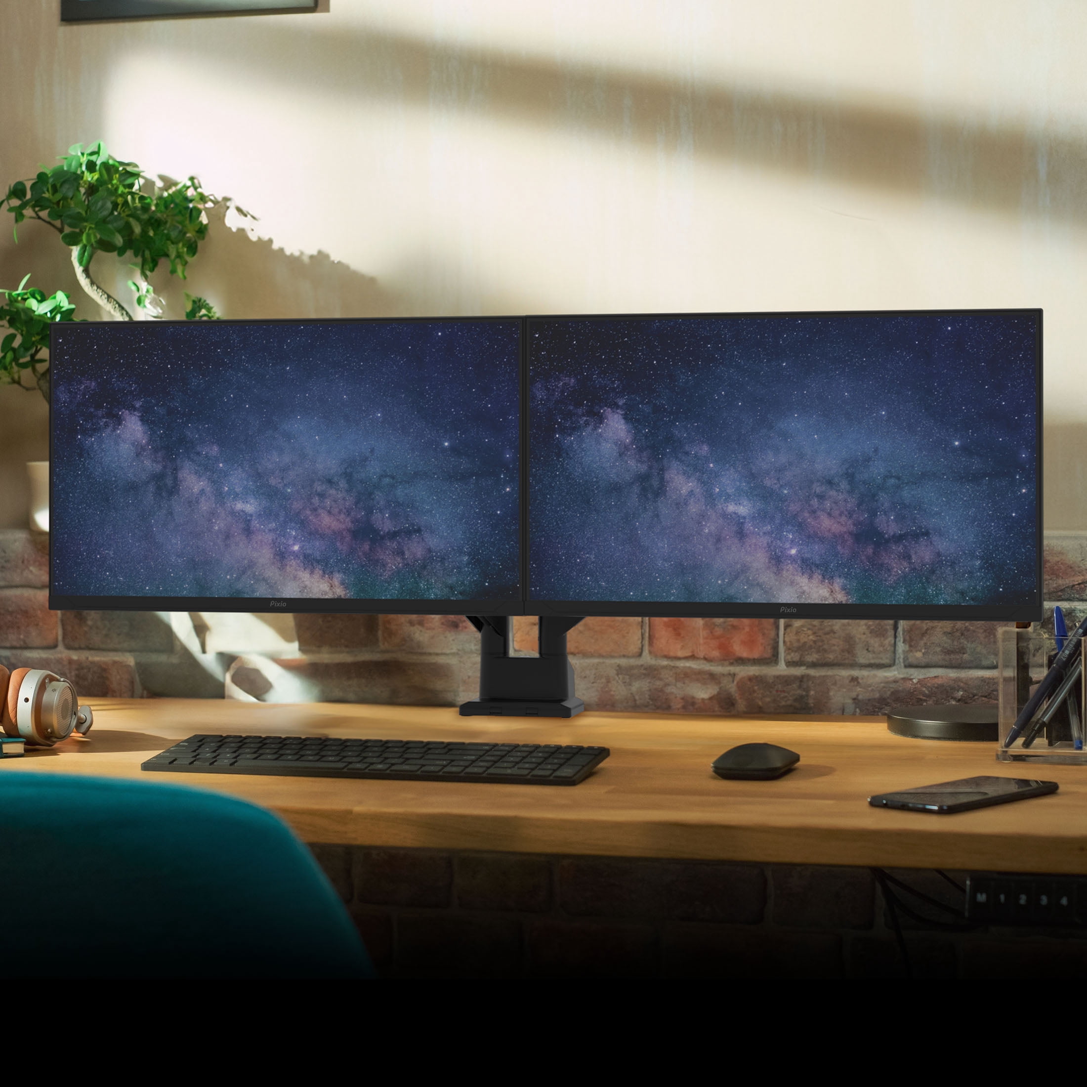 Pixio PS1D Wave Black Dual Monitor Arm Stand Desk Mount - Fits up to 32 inches Monitors and up to 19.8lbs. VESA Compatibility and Integrated Cable Management