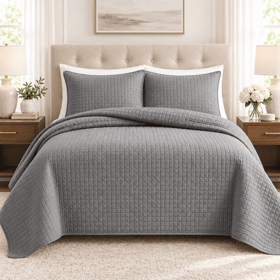 DBOZE Oversized Queen 3 Piece Lightweight Quilt Set Soft Cotton Blend Bedspread with Diamond Embroidery Gray