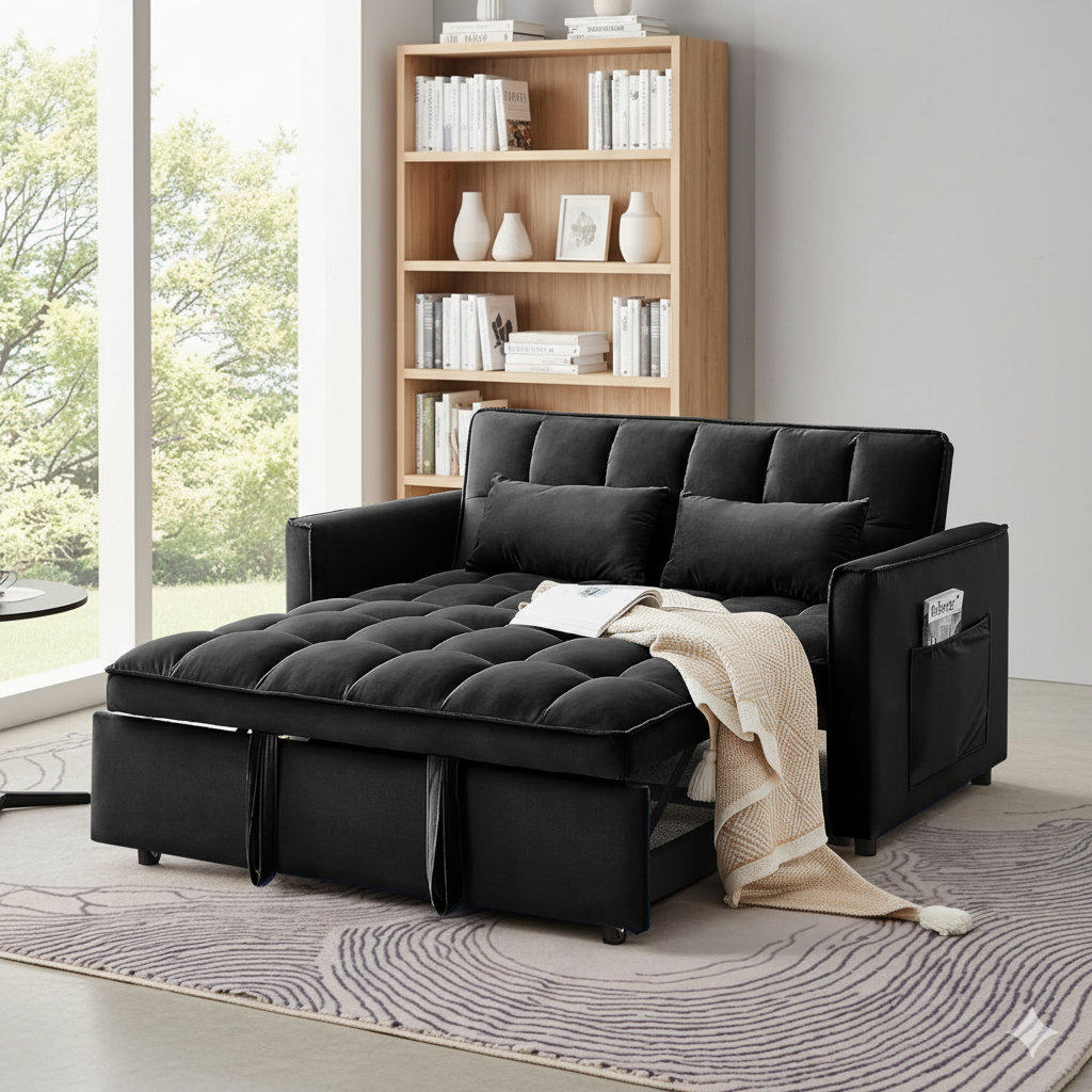 3 in 1 Sleeper Sofa Bed, 55" Convertible Pull Out Couch with Adjustable Backrest, Velvet Loveseat Sofa with Side Pockets for Living Room, Bedroom, Apartment, and Small Space (Black)