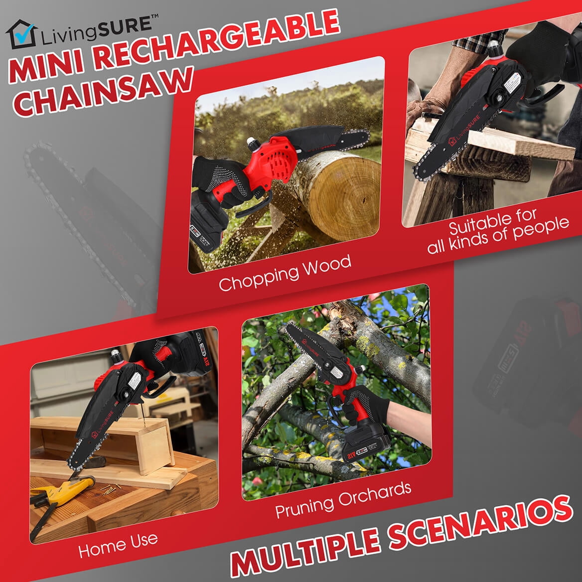 LivingSURE Mini Cordless Rechargeable Chainsaw Kit – 21V Handheld Electric Saw with 2 Batteries, Safety Features & Accessories – Lightweight 6" Bar for Tree Trimming, Firewood & Garden DIY Tasks