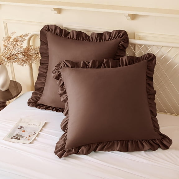 Ruffle Pillow Cases 22x22 Inches, Brown Ruffled Pillow Covers of 2, Microfibe...