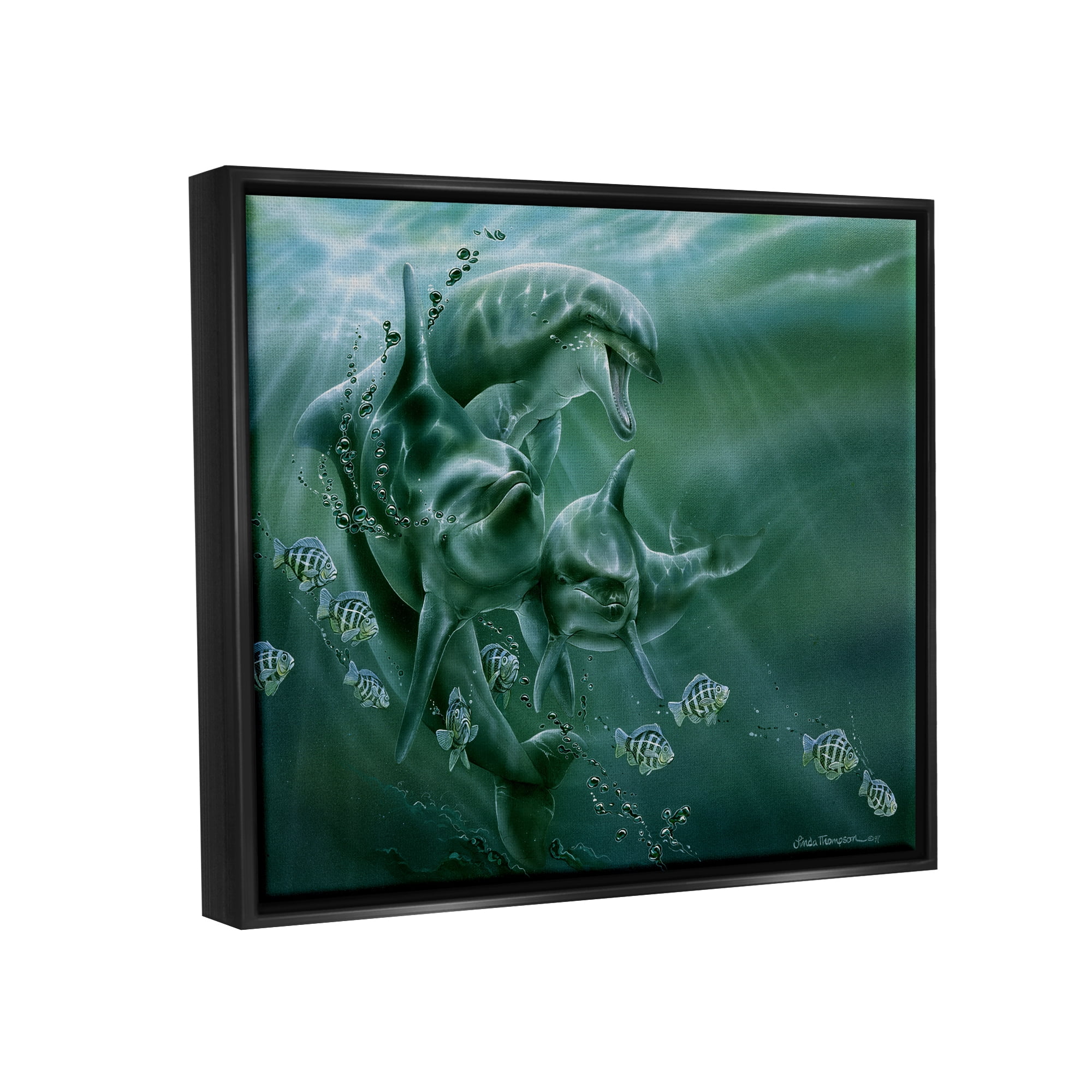Stupell Industries Underwater Dolphins and Fish Coastal Painting Black Floater Framed Art Print Wall Art