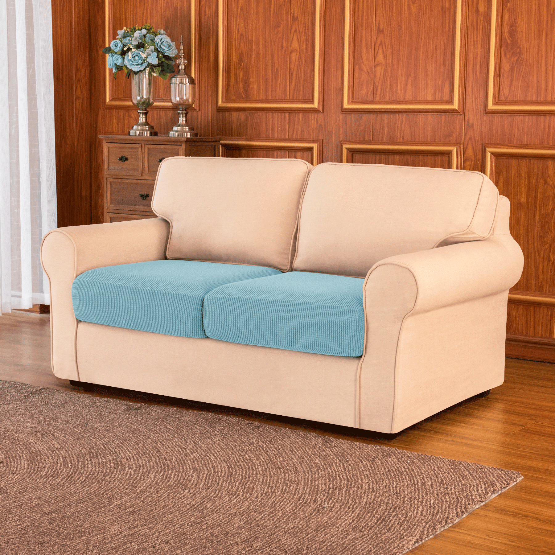 Subrtex Cushion Covers Separate Seat Stretch Textured Grid (2PCS, Light Blue)