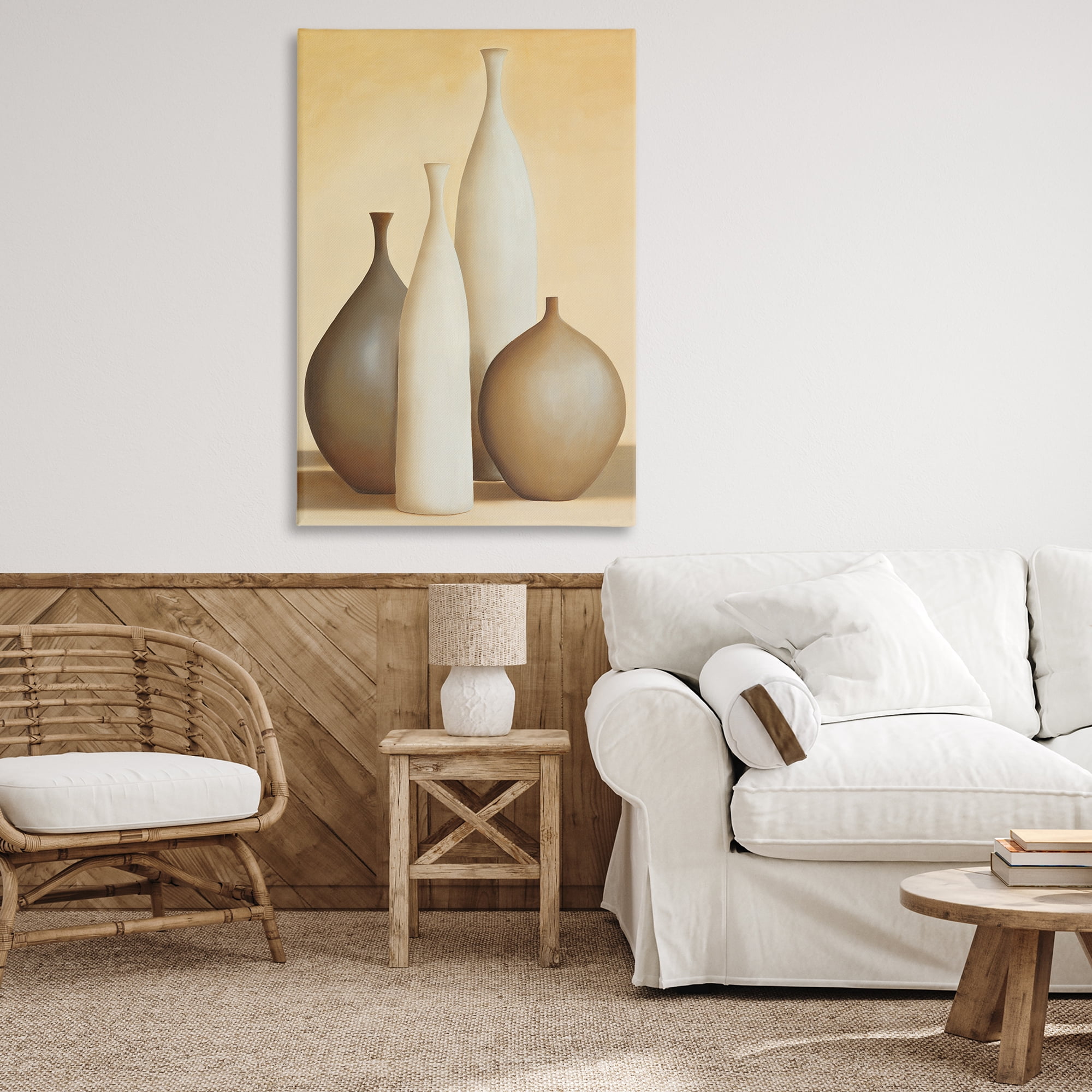 Stupell Industries Neutral Pottery Bottles Furniture Painting Wrapped Canvas Art Print Wall Art, 30 x 45
