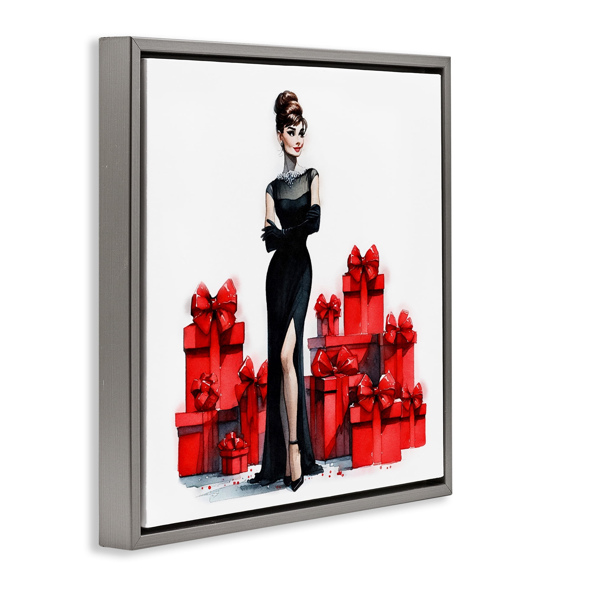 Stupell Industries Elegant Woman & Gifts Holiday Painting Gray Floater Framed Canvas Art Prints Wall Art, 18 x 18
