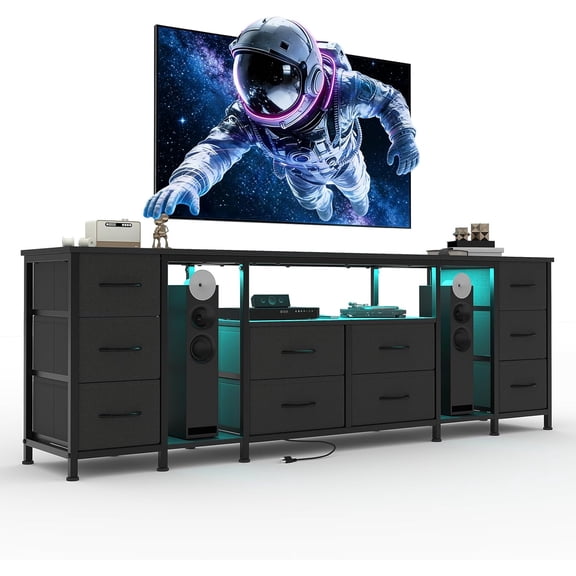 75 In TV Stand with 10 Drawers Power Outlets and LED Lights Fabric Storage Entertainment Center for Living Room Bedroom Office Black