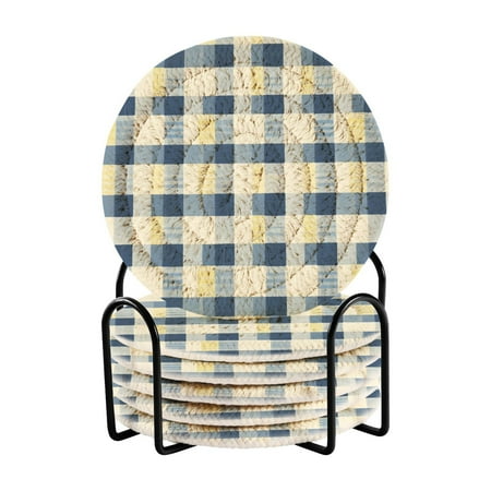 

6-Pack Coiled Coasters Set with Storage Rack Heat-Resistant for Home Office or Gift Blue and Yellow Gingham (3.94in Diameter)
