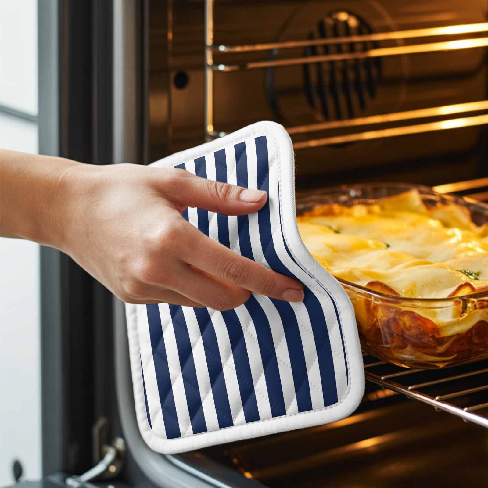 Navy Blue Striped Pot Holders for Kitchen Heatproof Potholder, 3 Pack Modern Farmhouse Blue White Stripes Hot Pads Multipurpose Oven Pads Cloth Potholders Trivet for Cooking Baking