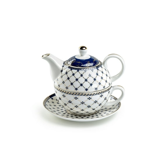 Grace Teaware Trellis Blue Gold Fine Porcelain Tea For One Set