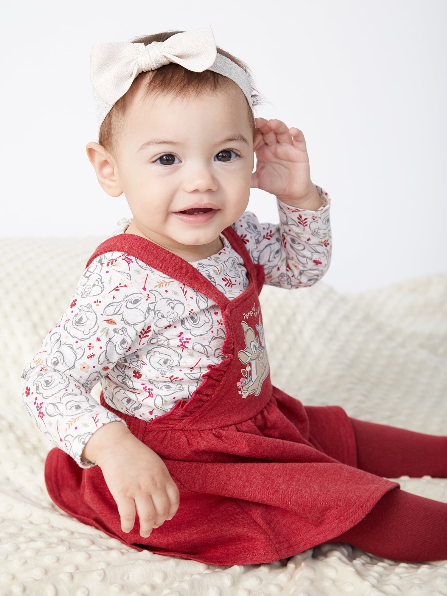 Disney Bambi Baby Girls Pinafore Dress, Top with Long Sleeves and Tights Set, 3-Piece, Sizes 0/3-24 Months