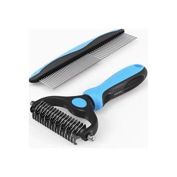 Pet Grooming Combo - Blue Deshedding Brush with Metal Comb for Detangling and Dematting Long, Matted Fur on Cats and Dogs